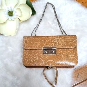 Vintage Myers Tan Croc-Embossed Leather Clutch with Silver Chain